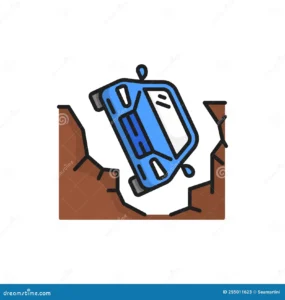 car-fall-cliff-mountain-color-line-icon-isolated-dangerous-landslide-ditch-vehicle-failure-road-auto-down-slope-