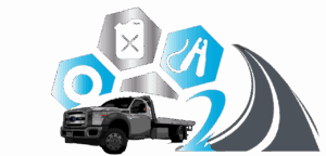 J.D. Towing & Roadside logo showing a towtruck with a road gas can, jumpercables and a tire