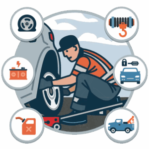Vector showing Services offered Tire change, Jump Start, Fuel Delivery, Winching, Towing