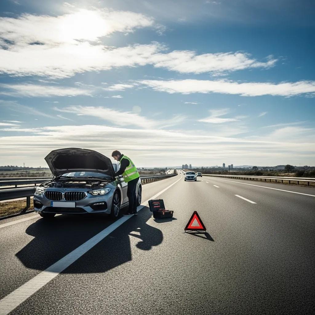 Car breakdown on highway with mechanic in safety vest inspecting engine, hazard lights activated, and warning triangle placed nearby, emphasizing emergency roadside assistance and safety measures.