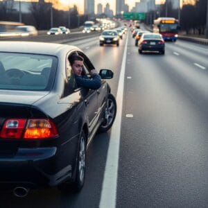 Driver moving vehicle to shoulder with hazard lights on, demonstrating safety practices