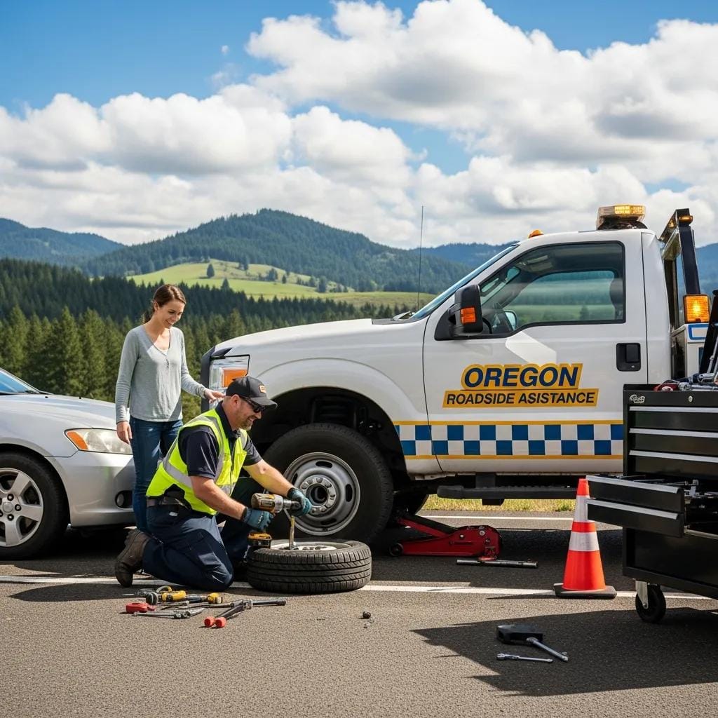Roadside assistance technician changing a flat tire for a stranded driver on a sunny Oregon highway, with tools and an assistance vehicle visible in the background.