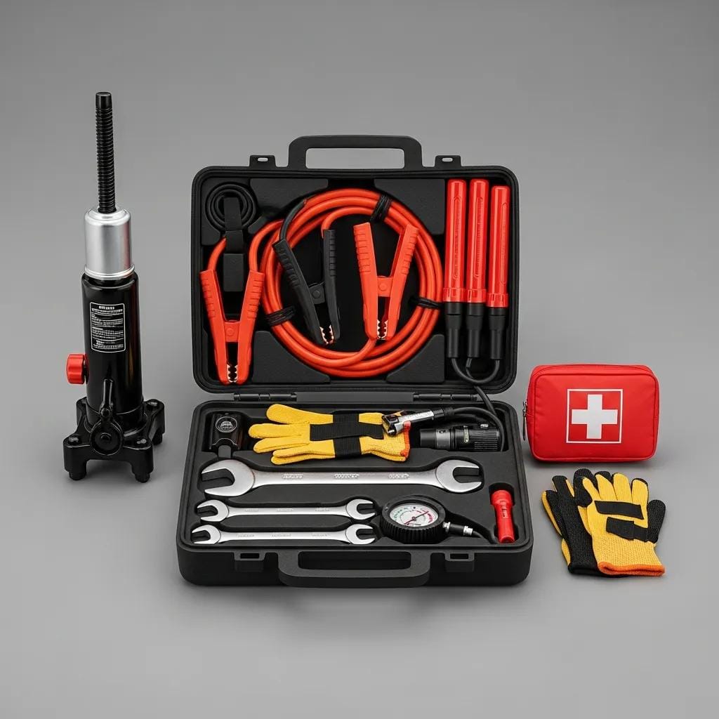 Emergency roadside kit featuring a jack, jumper cables, wrenches, gloves, flashlight, and first aid supplies, essential for vehicle breakdown preparedness.