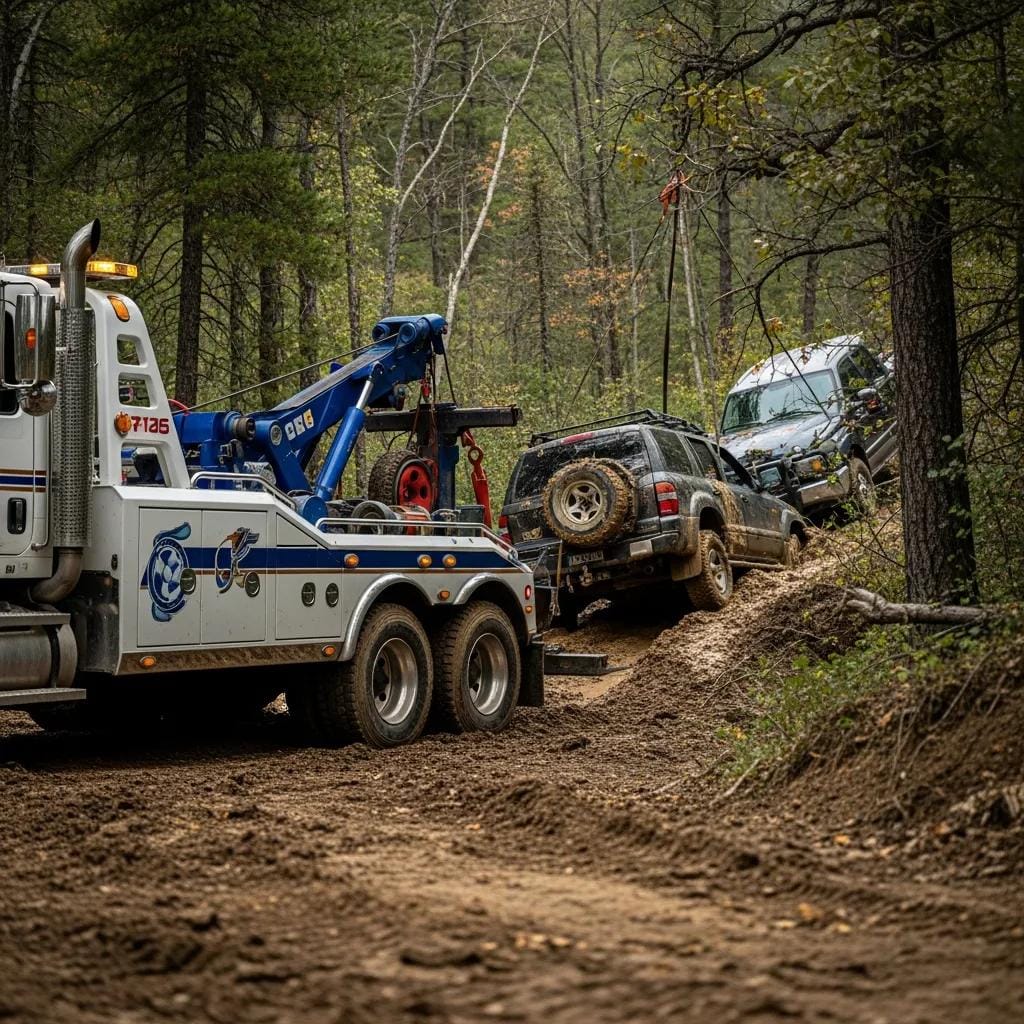 Tow truck performing off-road recovery operation, extracting vehicle stuck in mud, surrounded by trees in Oregon, emphasizing specialized equipment and skilled recovery services.