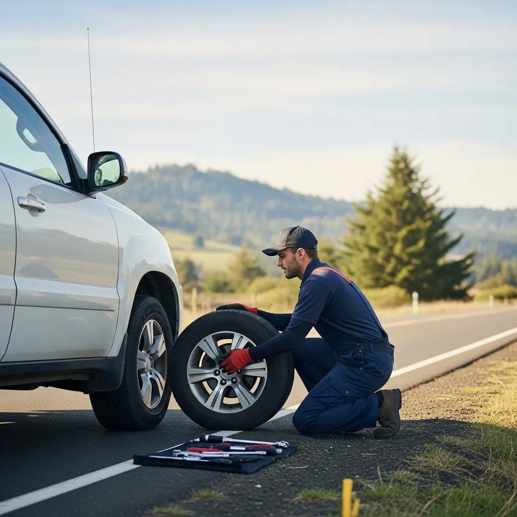 Roadside assistance technician changing a flat tire on a vehicle in Oregon, showcasing tools for tire repair and surrounding natural landscape.