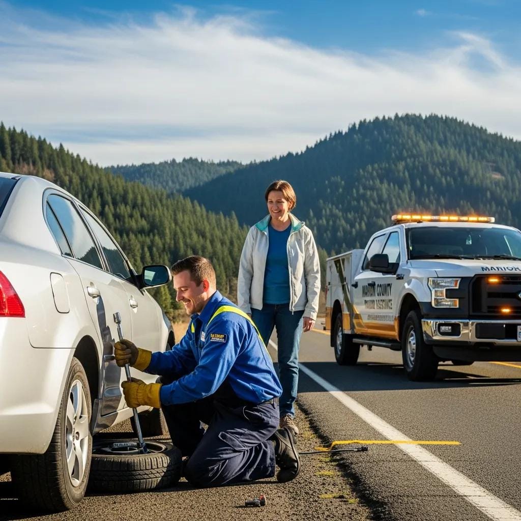 J.D. Towing technician assisting a driver with a flat tire in Marion County
