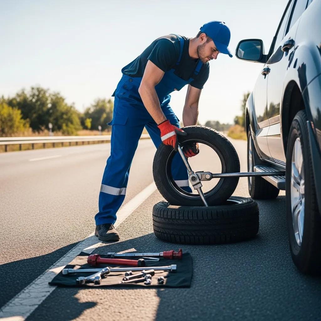 Technician changing a flat tire on a vehicle by the roadside in Oregon, surrounded by tools, illustrating emergency roadside assistance services.