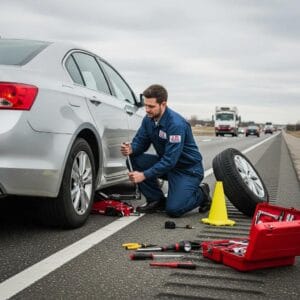Technician changing a flat tire during roadside assistance