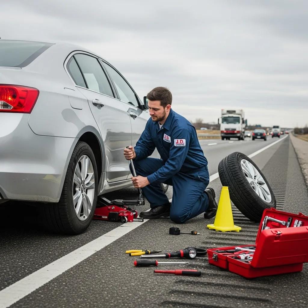 Technician in uniform changing a flat tire on a silver vehicle during roadside assistance, with tools and equipment visible on the highway.