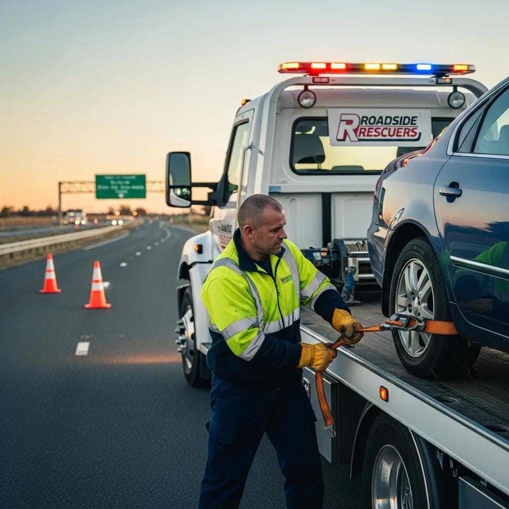 Tow truck driver securing a vehicle for safe transport on the highway, showcasing emergency roadside assistance and vehicle recovery services.