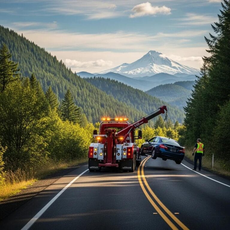 Tow truck providing emergency roadside assistance on a scenic Oregon road