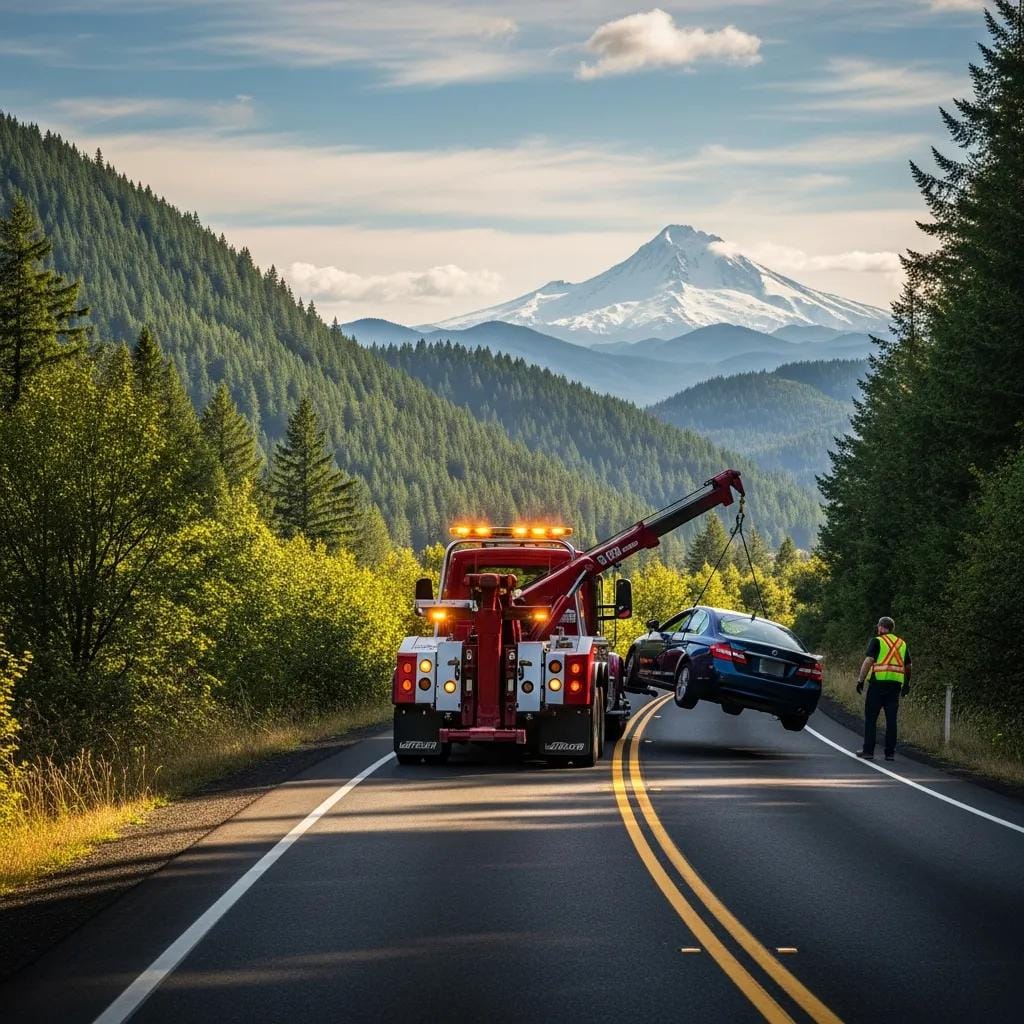Tow truck providing emergency roadside assistance on a scenic Oregon road with mountains in the background, highlighting J.D. Towing & Roadside LLC's 24/7 service.