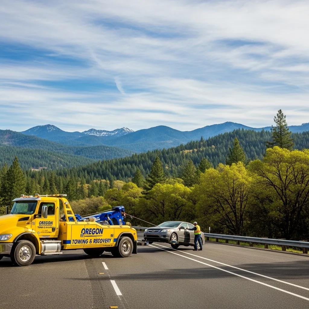Tow truck providing roadside assistance on a scenic Oregon highway