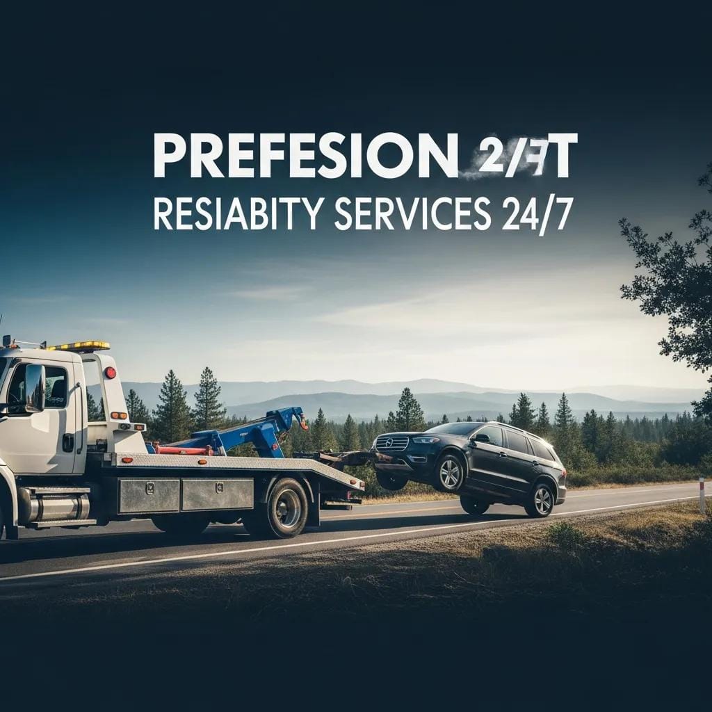 Tow truck assisting a stranded vehicle on a scenic Oregon roadside, emphasizing 24/7 towing and recovery services.