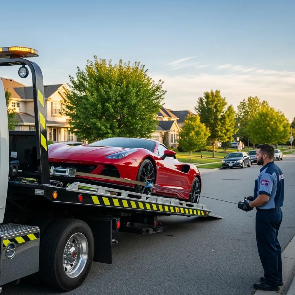 Flatbed tow truck loading a low-clearance vehicle, demonstrating the process of specialized towing services