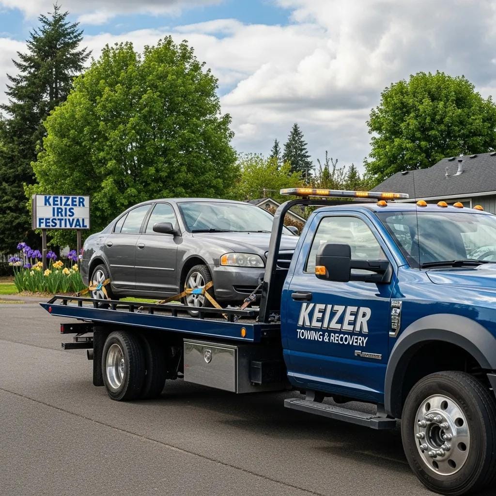 Flatbed towing service in Keizer, OR, showcasing a tow truck transporting a vehicle safely