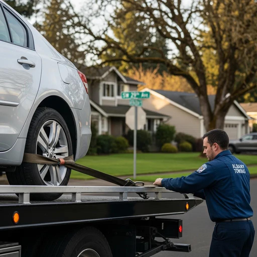 Flatbed towing truck loading a vehicle with a technician securing it in Albany, OR