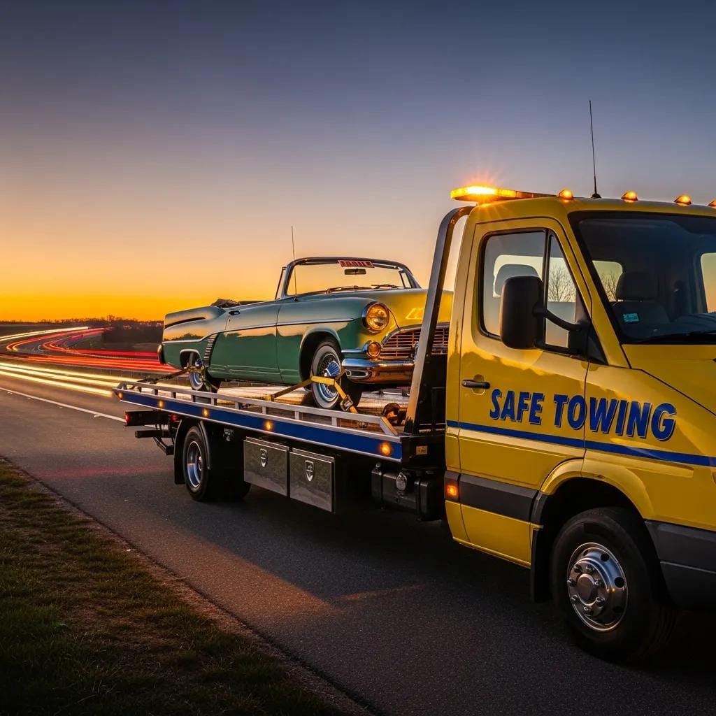 Flatbed towing truck securely transporting a fragile vehicle on a highway