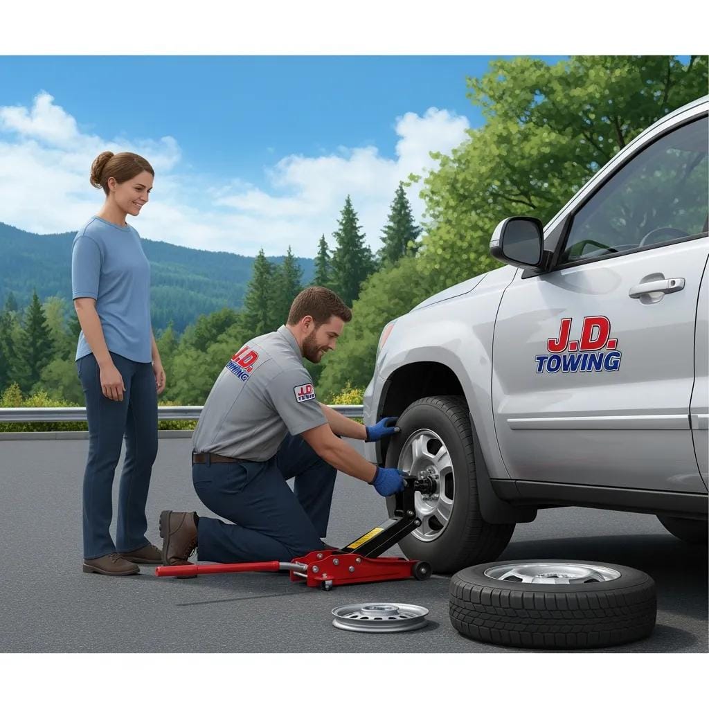 J.D. Towing technician changing a flat tire for a driver in Woodburn, OR