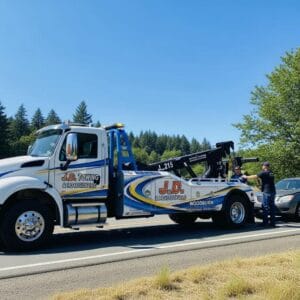 J.D. Towing truck assisting a stranded vehicle on a roadside in Woodburn, OR