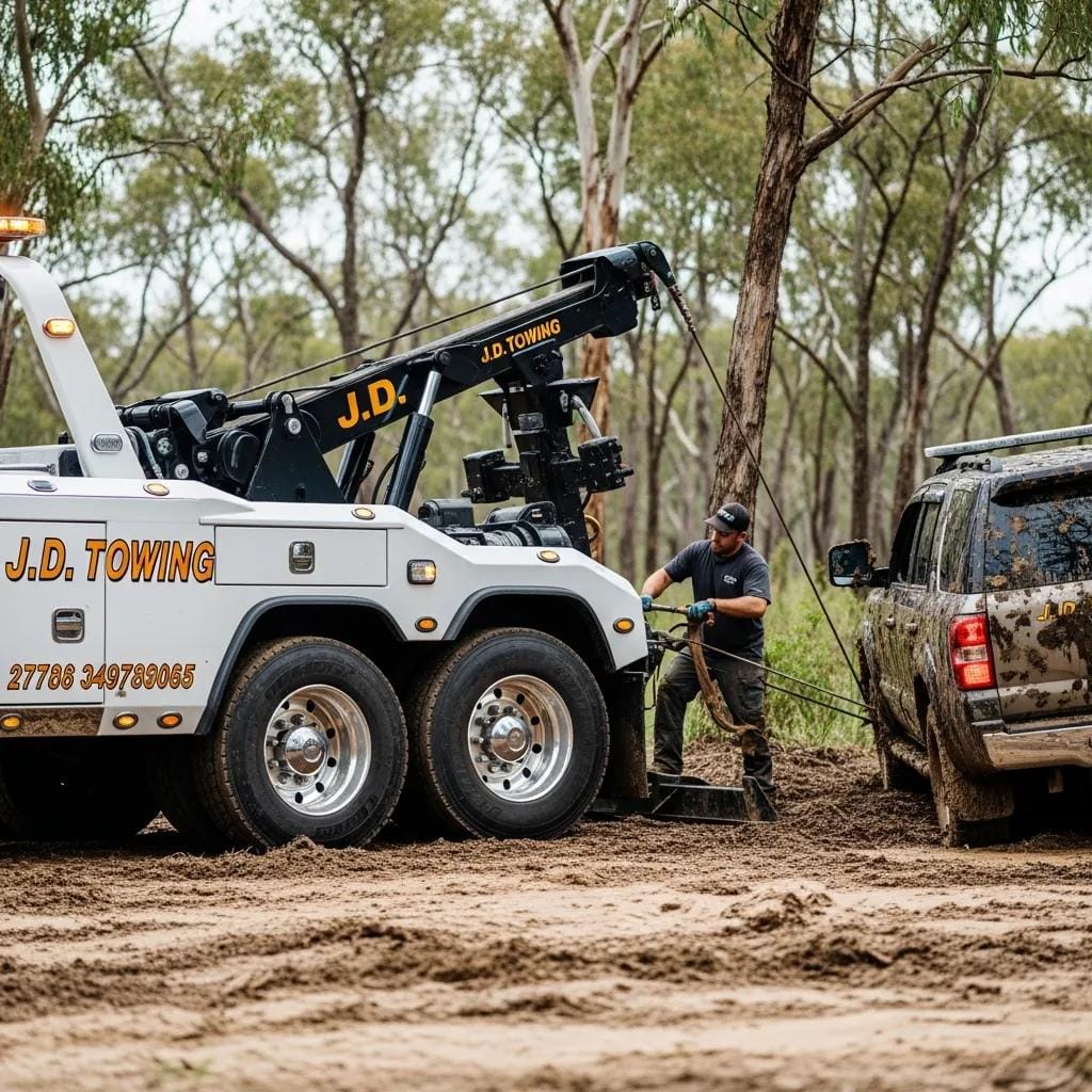 J.D. Towing truck performing winch out services for a vehicle stuck in mud