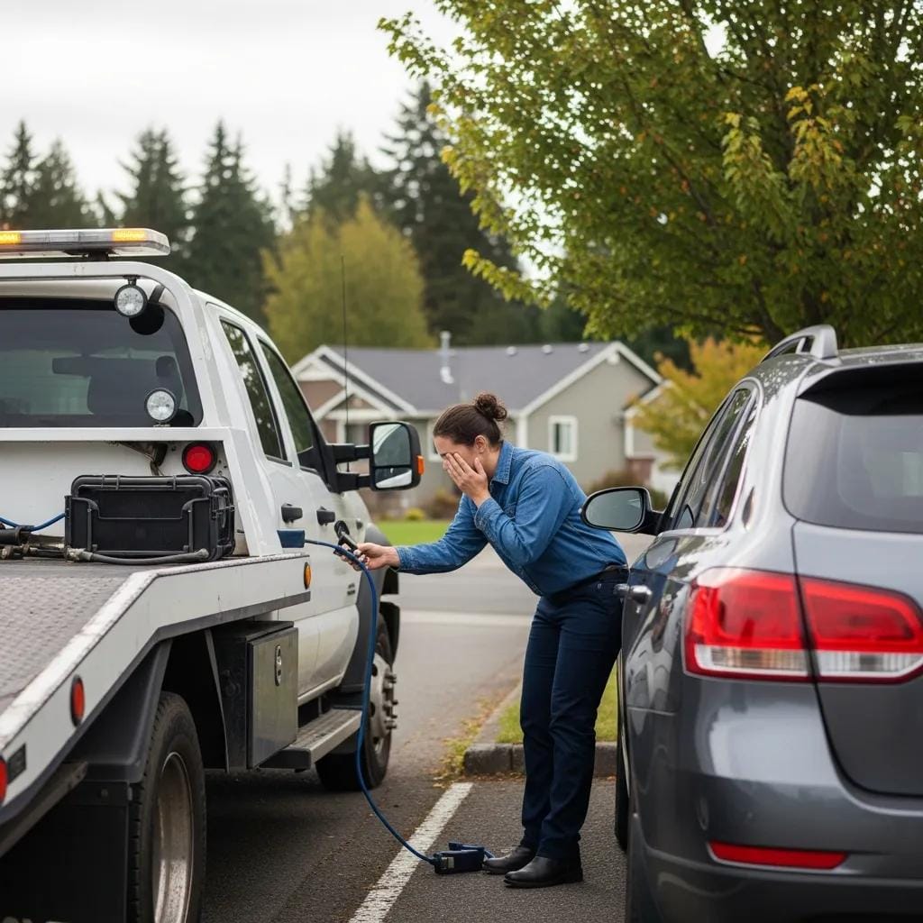 Person relieved after receiving car lockout assistance from J.D. Towing in Silverton, OR