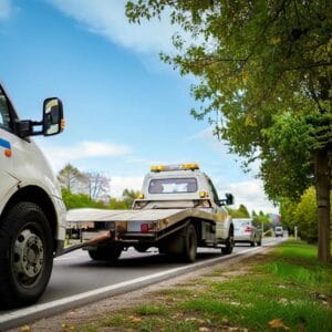 Professional towing truck assisting a stranded vehicle on a roadside in Albany, OR