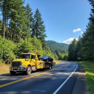 Professional towing truck assisting a vehicle on a scenic road in Aumsville, OR