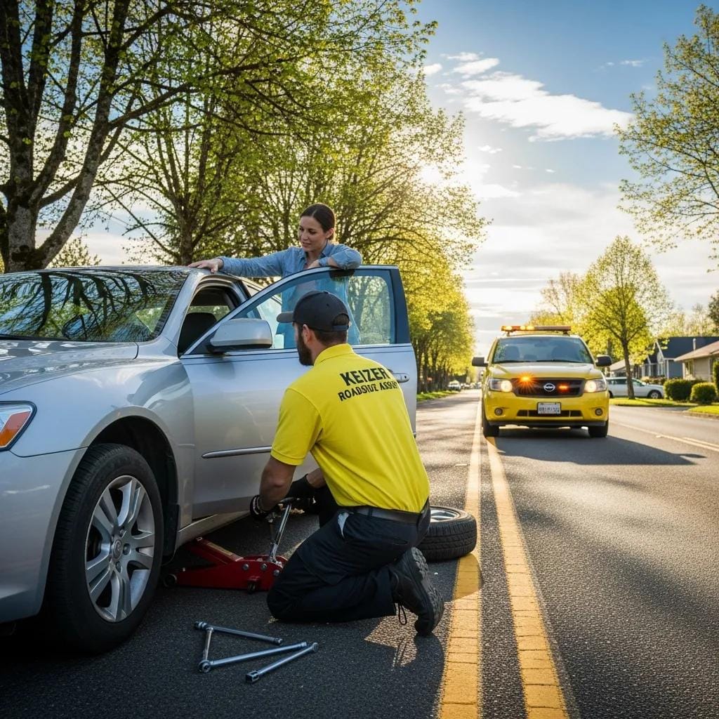 Roadside assistance in Keizer, OR, with a technician helping a driver change a flat tire
