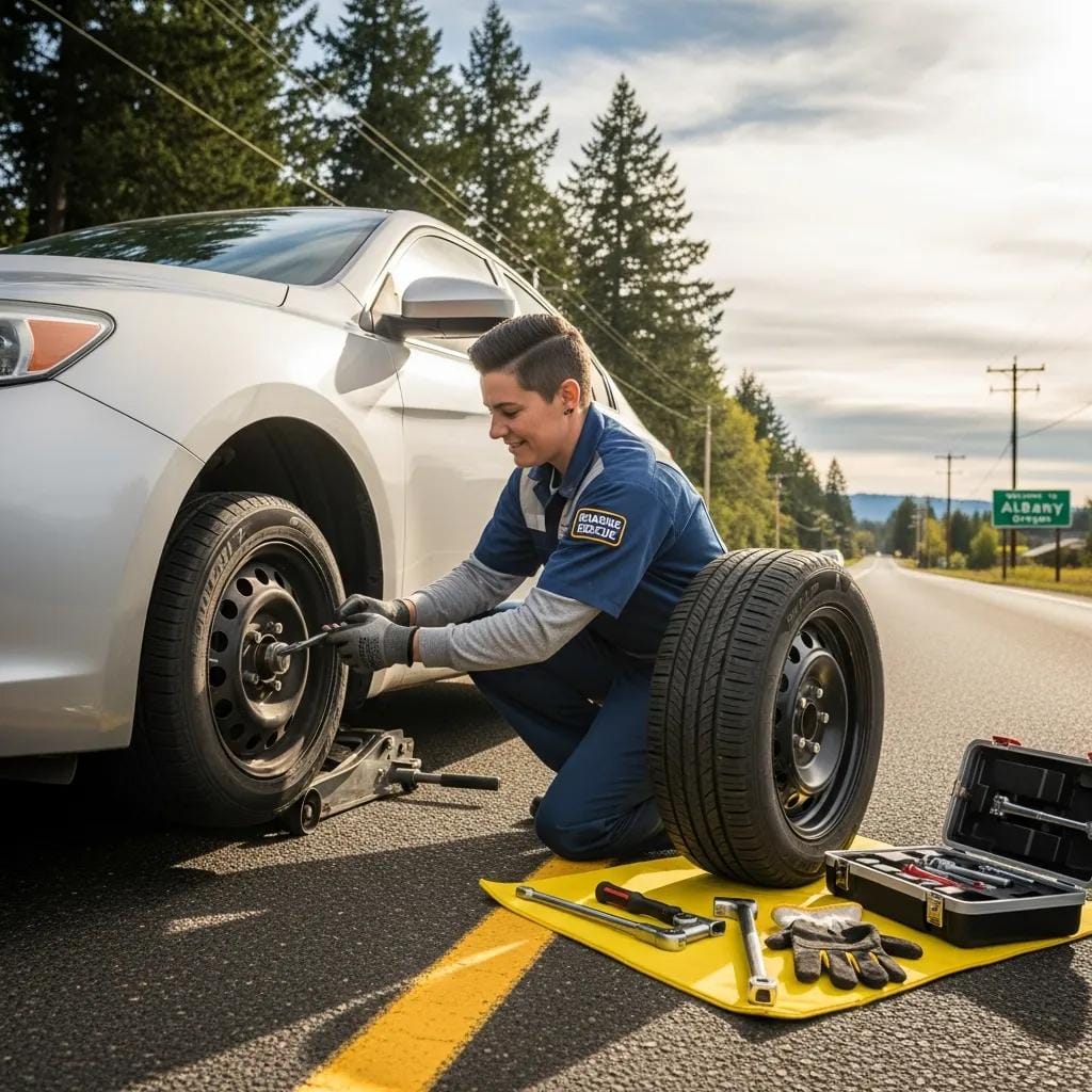 Roadside assistance technician changing a flat tire for a driver in Albany, OR