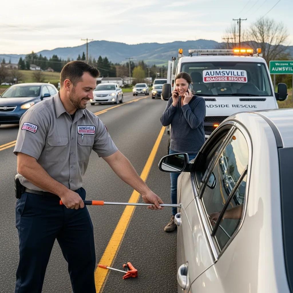 Roadside assistance technician unlocking a vehicle for a driver in Aumsville, OR