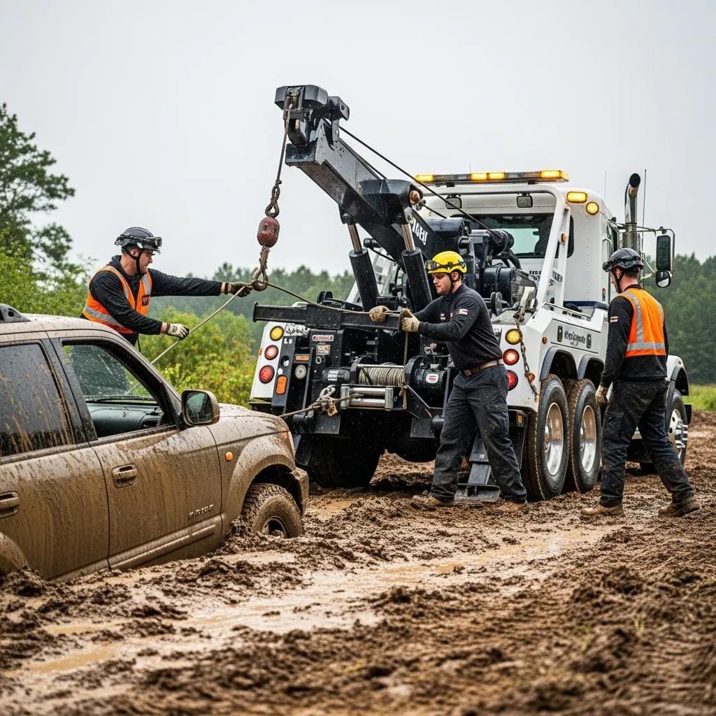 Tow truck crew performing winch out services for a vehicle stuck in mud, illustrating accident recovery benefits