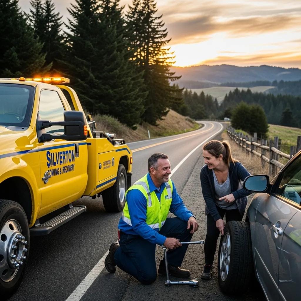 Tow truck driver assisting a stranded motorist with a flat tire in Silverton, OR